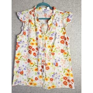 Floral & Ivy Orange Purple White Cap Ruffle Sleeve V Neck Tunic Top Ditsy Boho M